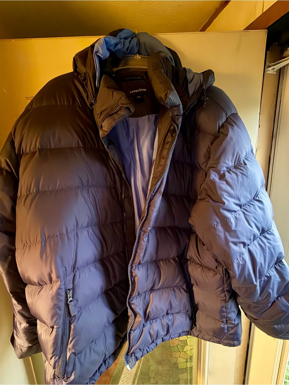 Lands' End Men's Deep Navy Quilted Puffer Coat Removable Hood
